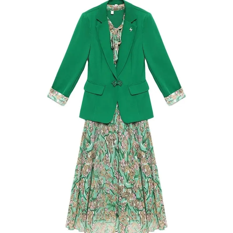 2022 Spring Autumn New Suit Jacket Dress Two-piece Women&#39;s Elegant Blazers Floral Long Skirt Set Female Office Professional Wear