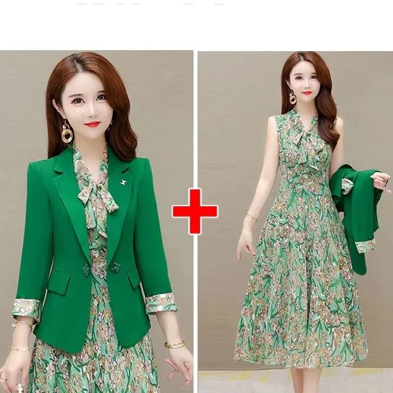 2022 Spring Autumn New Suit Jacket Dress Two-piece Women&#39;s Elegant Blazers Floral Long Skirt Set Female Office Professional Wear