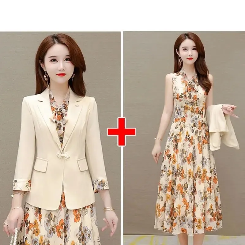 2022 Spring Autumn New Suit Jacket Dress Two-piece Women&#39;s Elegant Blazers Floral Long Skirt Set Female Office Professional Wear