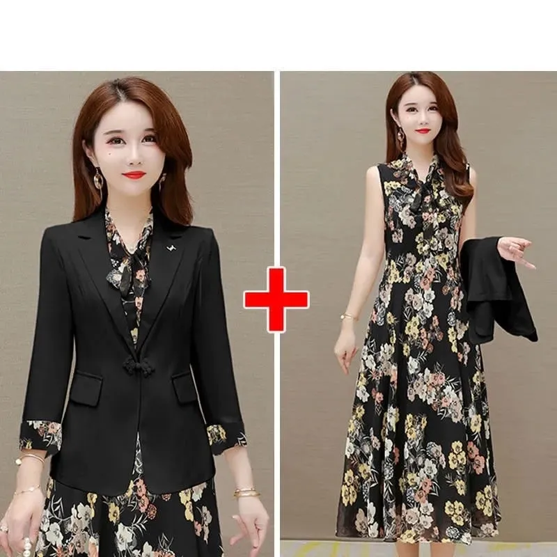 2022 Spring Autumn New Suit Jacket Dress Two-piece Women&#39;s Elegant Blazers Floral Long Skirt Set Female Office Professional Wear