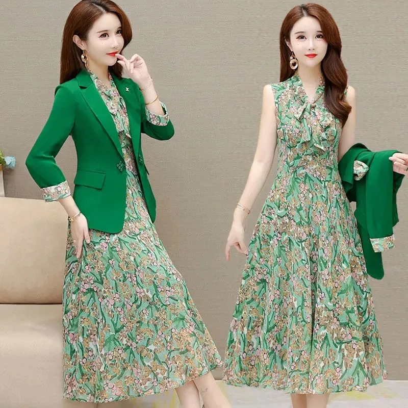 2022 Spring Autumn New Suit Jacket Dress Two-piece Women&#39;s Elegant Blazers Floral Long Skirt Set Female Office Professional Wear