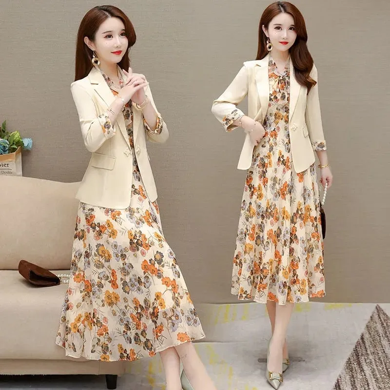 2022 Spring Autumn New Suit Jacket Dress Two-piece Women&#39;s Elegant Blazers Floral Long Skirt Set Female Office Professional Wear