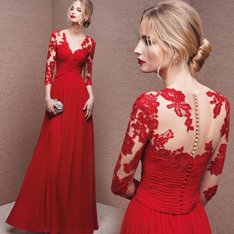 A Line Lace Long Sleeves Prom Dress V Neck Formal  Evening Dress 493