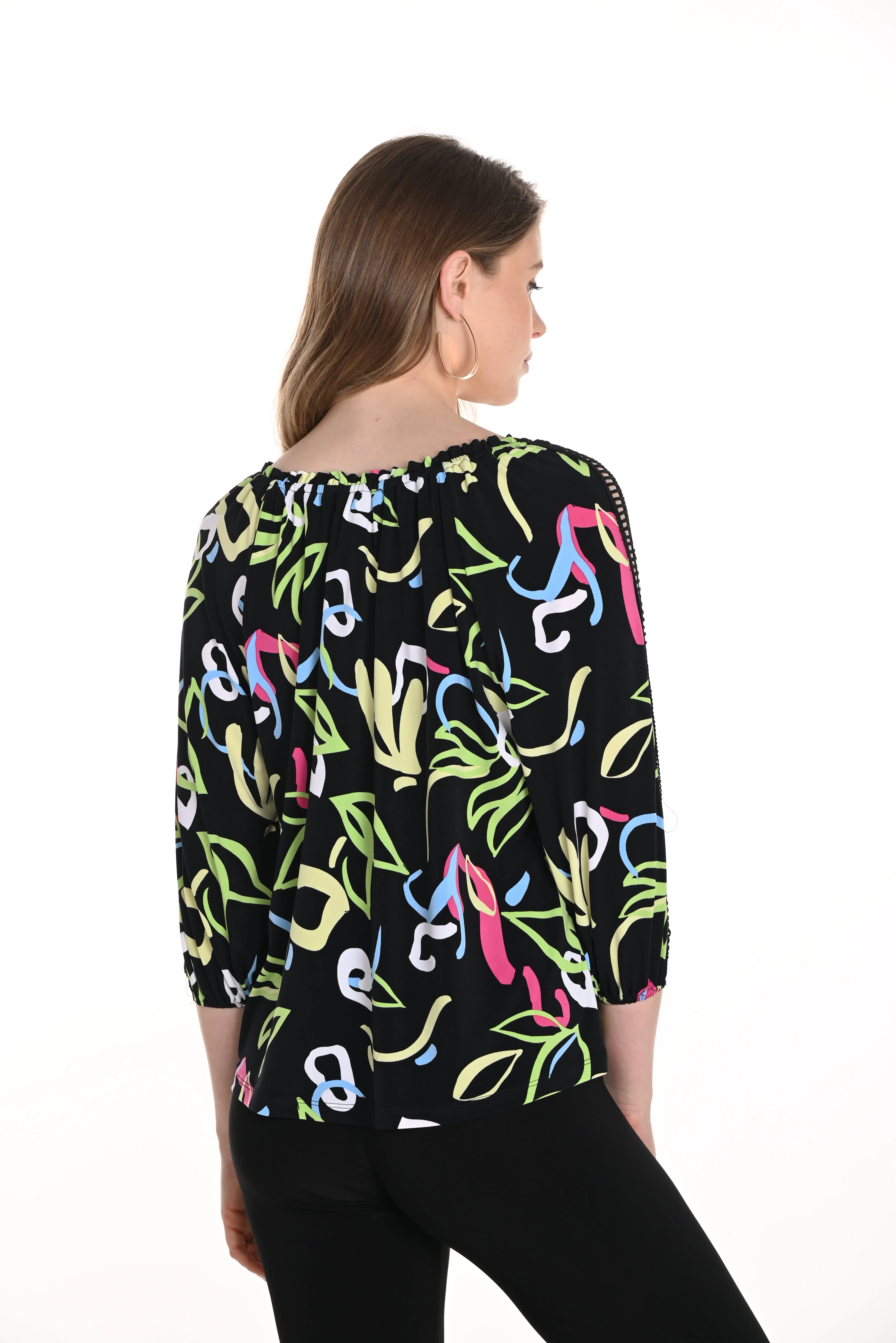 Abstract Print Blouse with Puff Sleeves