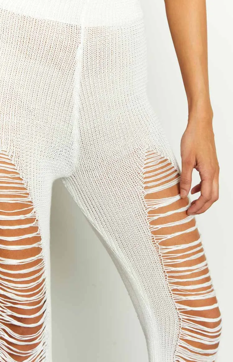 Aviva White Ladder Knit Flare Pants