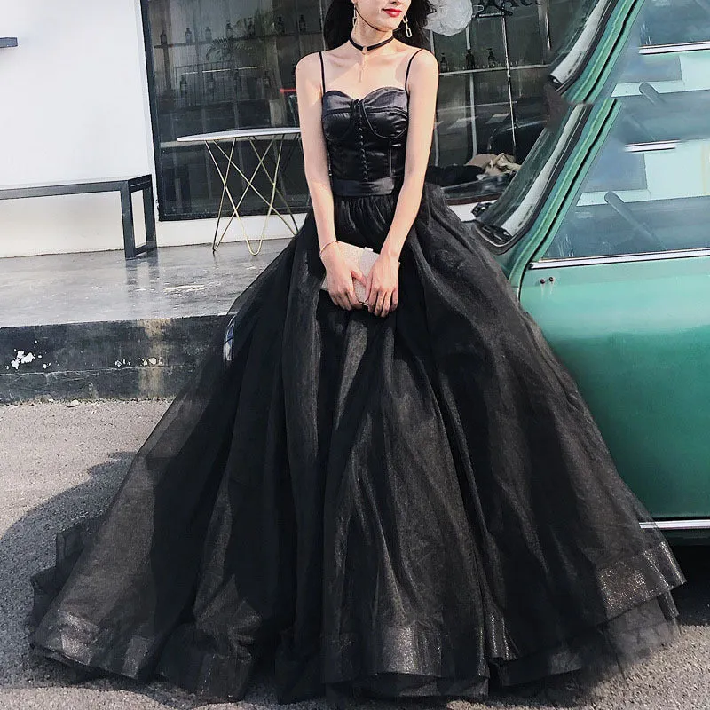 Black Spaghetti Strap Long Prom Dress Formal Evening Gown 502