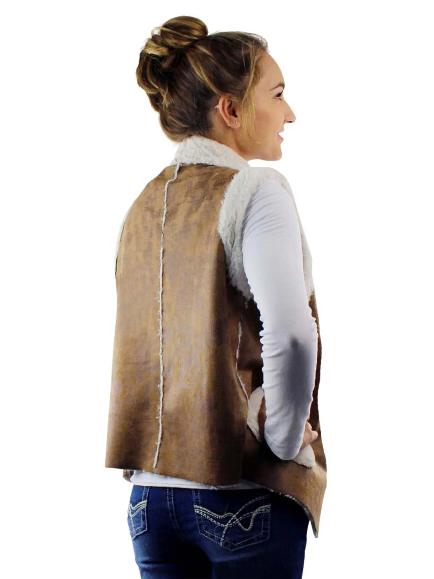 Brown Vegan Leather Shearling Lined Vest Size Medium/Large