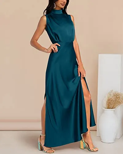 BTFBM Women Sleeveless Mock Neck Cocktail Dresses Keyhole Elastic Waist Party Wedding Guest Satin High Split Maxi Dress(Solid Dark Blue, Small)