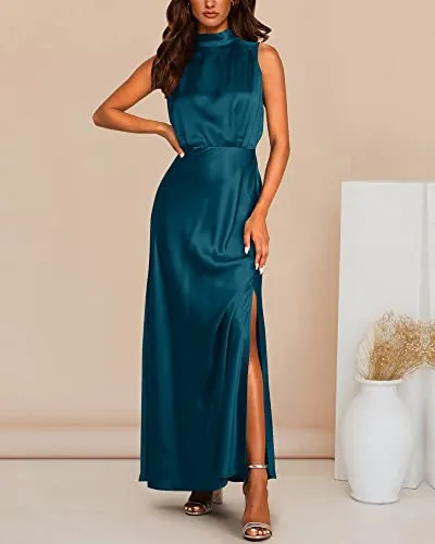 BTFBM Women Sleeveless Mock Neck Cocktail Dresses Keyhole Elastic Waist Party Wedding Guest Satin High Split Maxi Dress(Solid Dark Blue, Small)