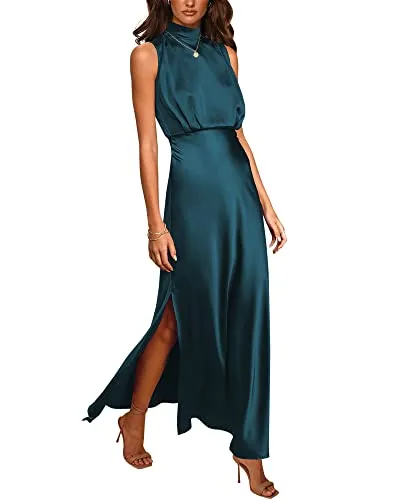 BTFBM Women Sleeveless Mock Neck Cocktail Dresses Keyhole Elastic Waist Party Wedding Guest Satin High Split Maxi Dress(Solid Dark Blue, Small)