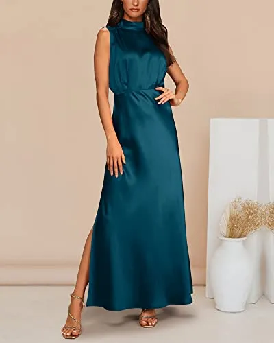 BTFBM Women Sleeveless Mock Neck Cocktail Dresses Keyhole Elastic Waist Party Wedding Guest Satin High Split Maxi Dress(Solid Dark Blue, Small)