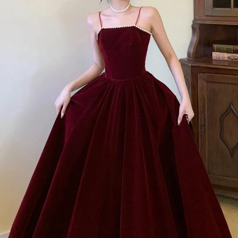 Burgundy Beaded Velvet Prom Dress Spaghetti strap Mid Long Evening Dress 163