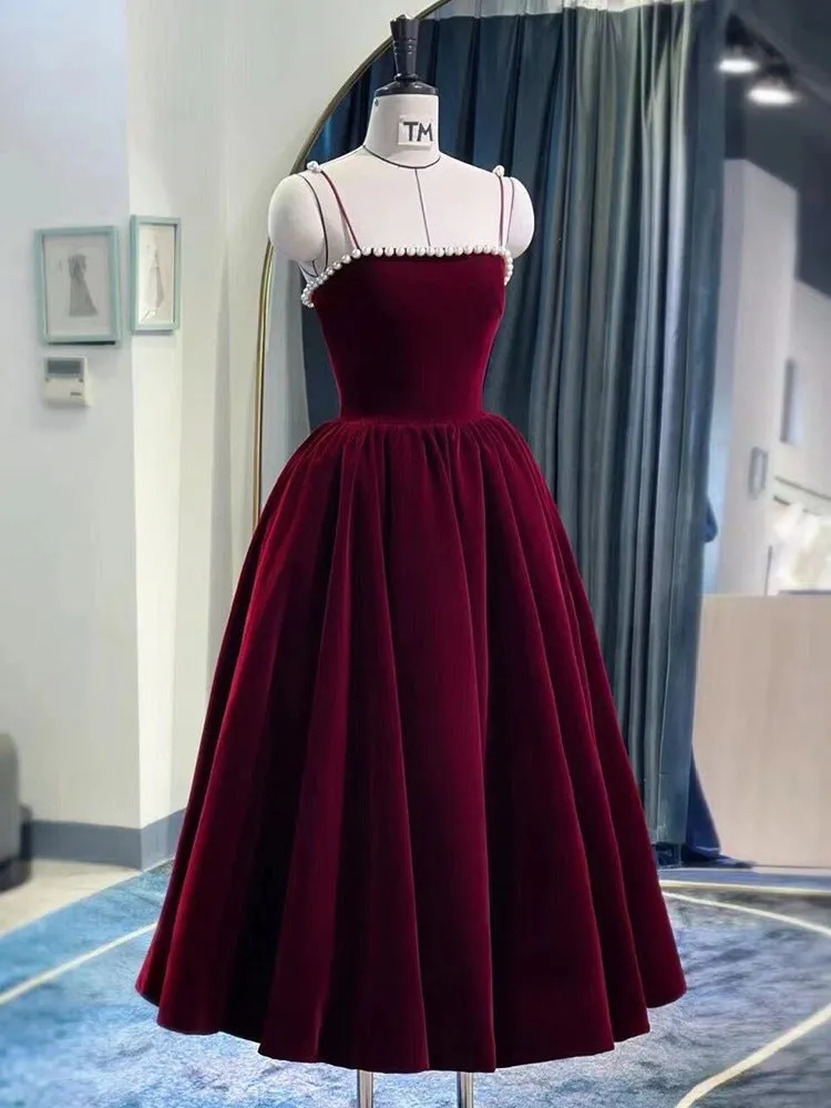 Burgundy Beaded Velvet Prom Dress Spaghetti strap Mid Long Evening Dress 163