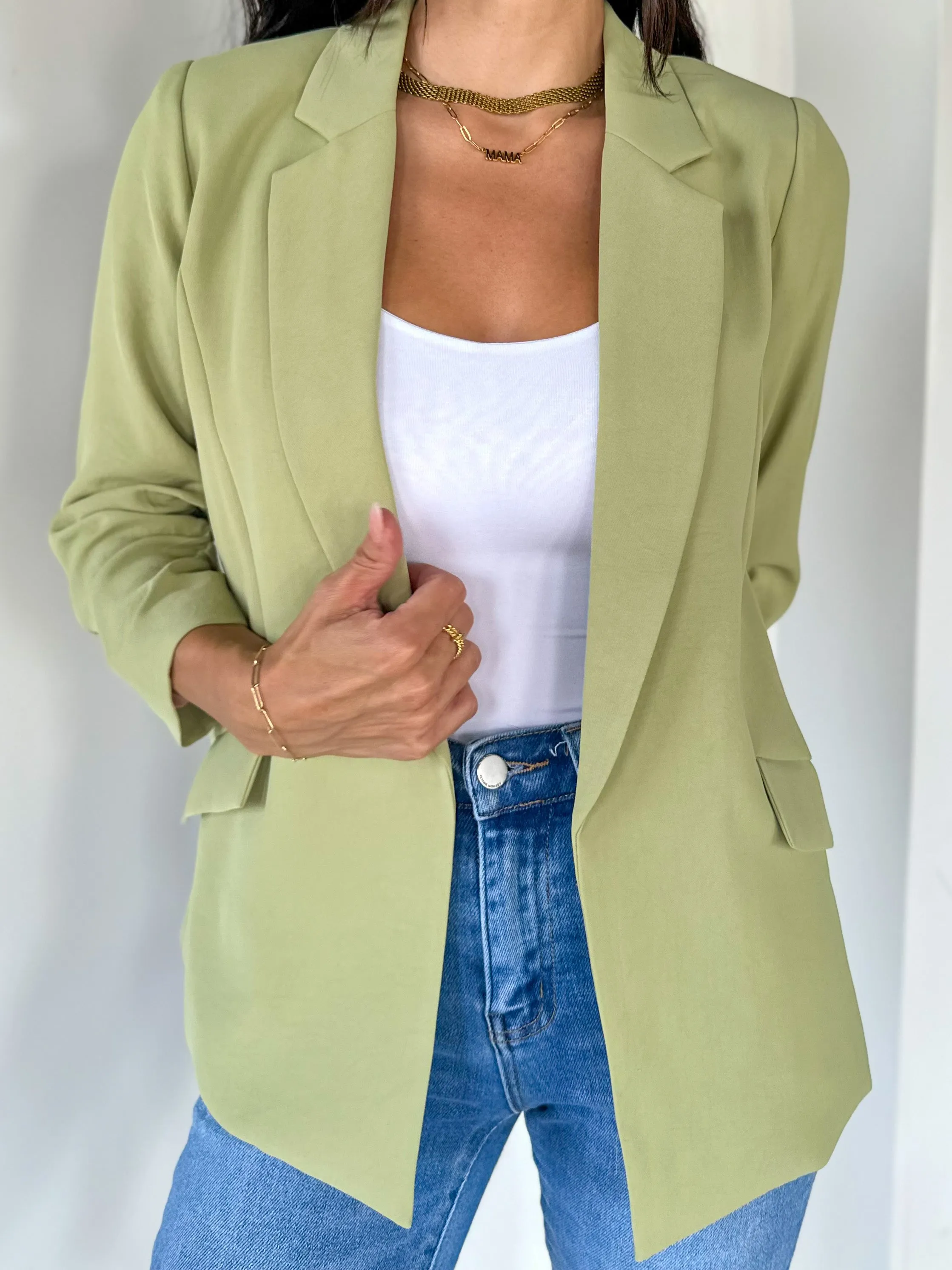 Chic Shirred Sleeve Blazer - Moss Green