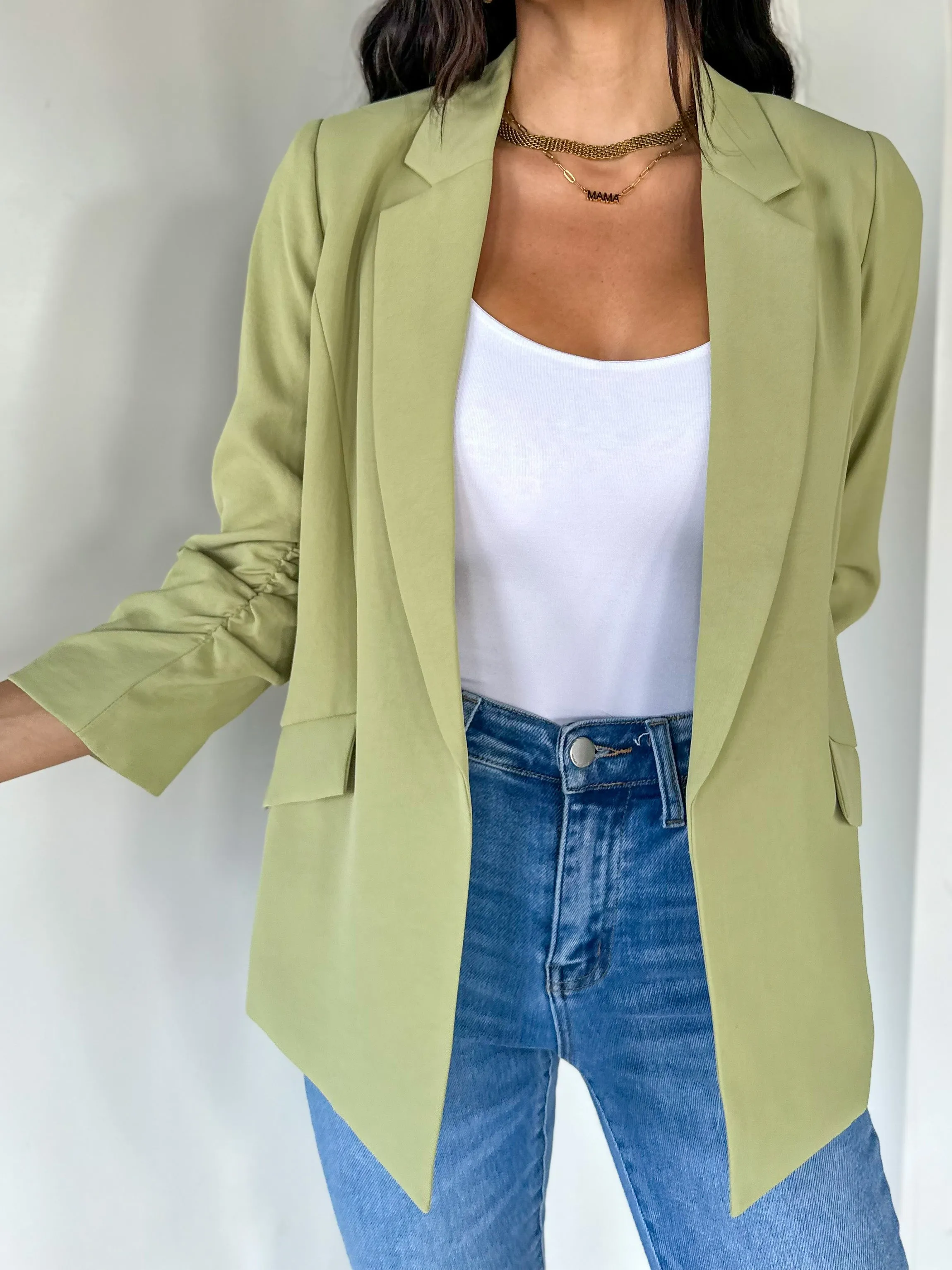 Chic Shirred Sleeve Blazer - Moss Green