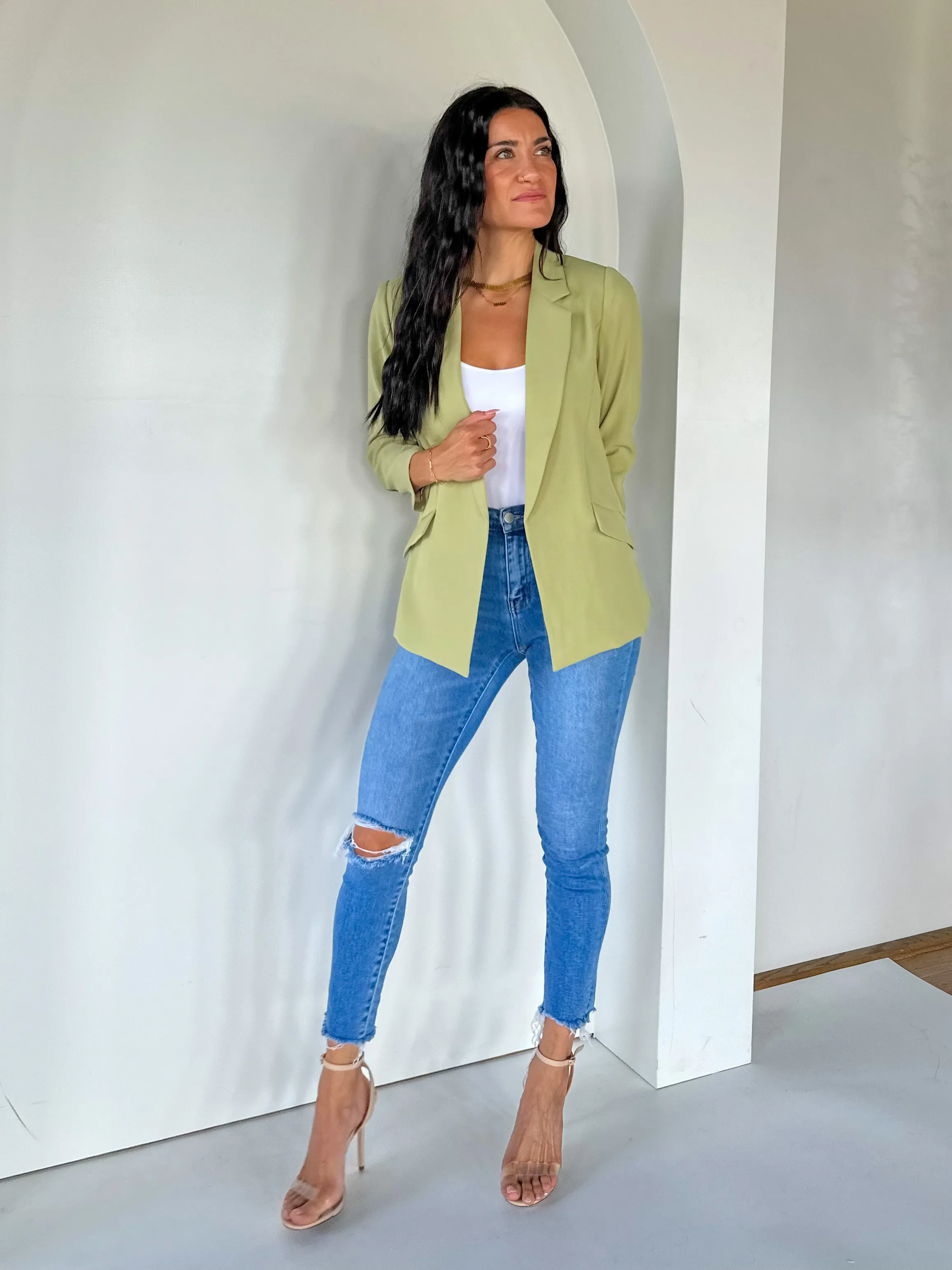 Chic Shirred Sleeve Blazer - Moss Green