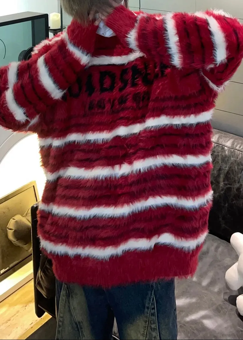 Cozy Red Striped Thick Mink Hair Knitted Men Sweaters Fall QH038