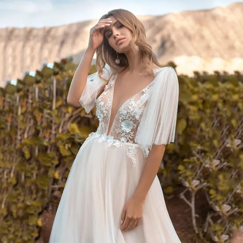 Deep V Lace Long Prom Dress Mid Sleeves Beach Wedding Dress 160