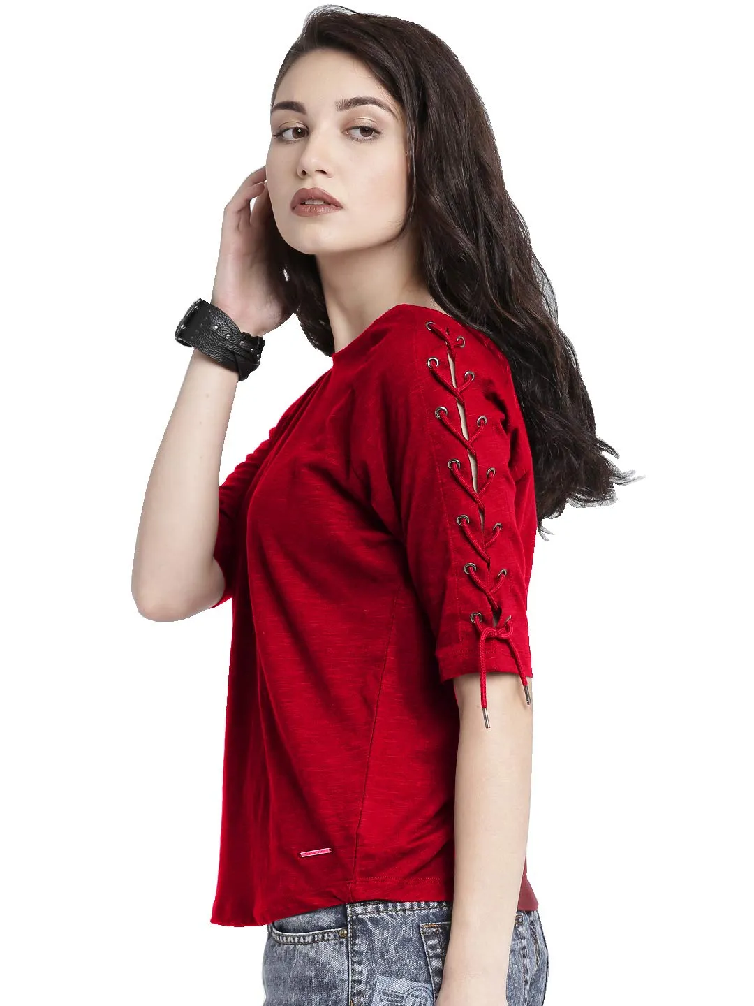 DHRUVI TRENDZ Women's Solid Regular Fit Top (T-1118-XL_Red X-Large)