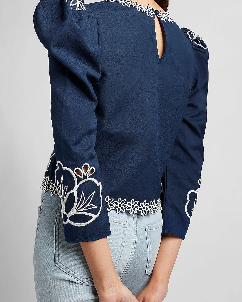 Embroidered Puff Sleeve Top in Dark Blue