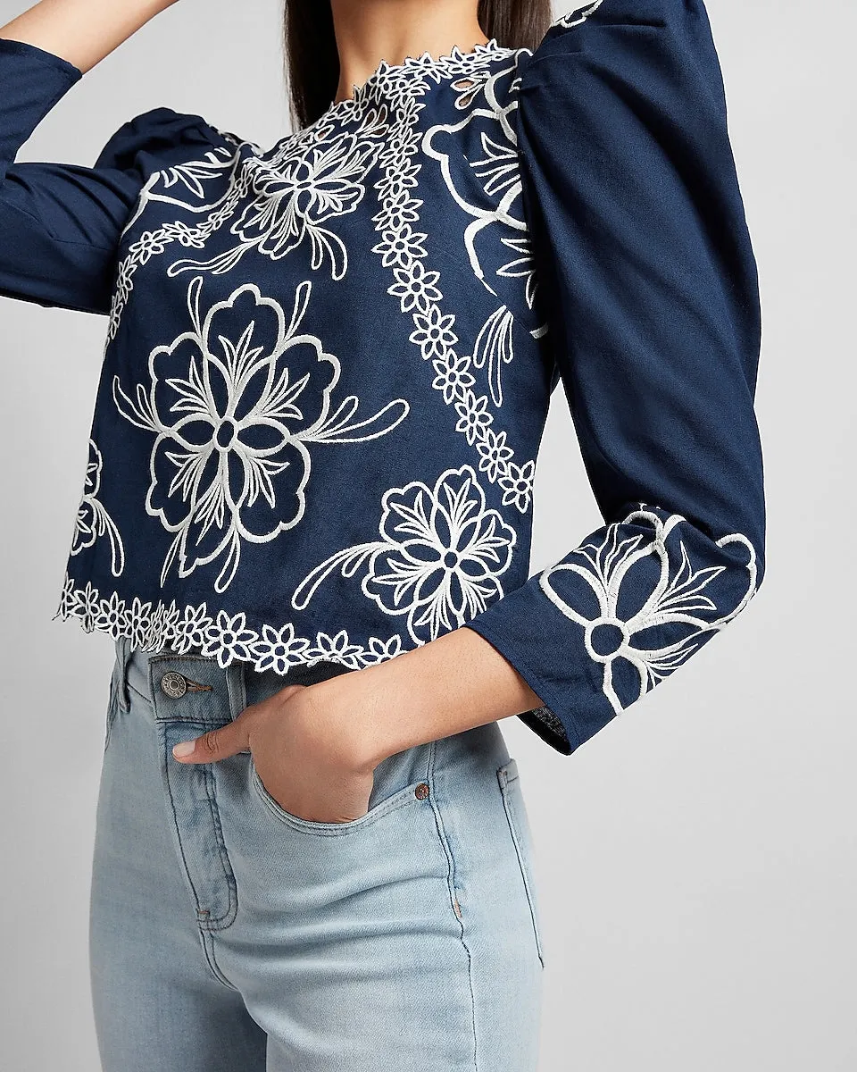 Embroidered Puff Sleeve Top in Dark Blue