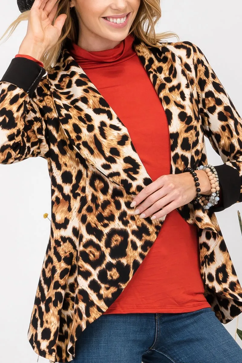 Full Size Leopard Open Front Long Sleeve Blazer