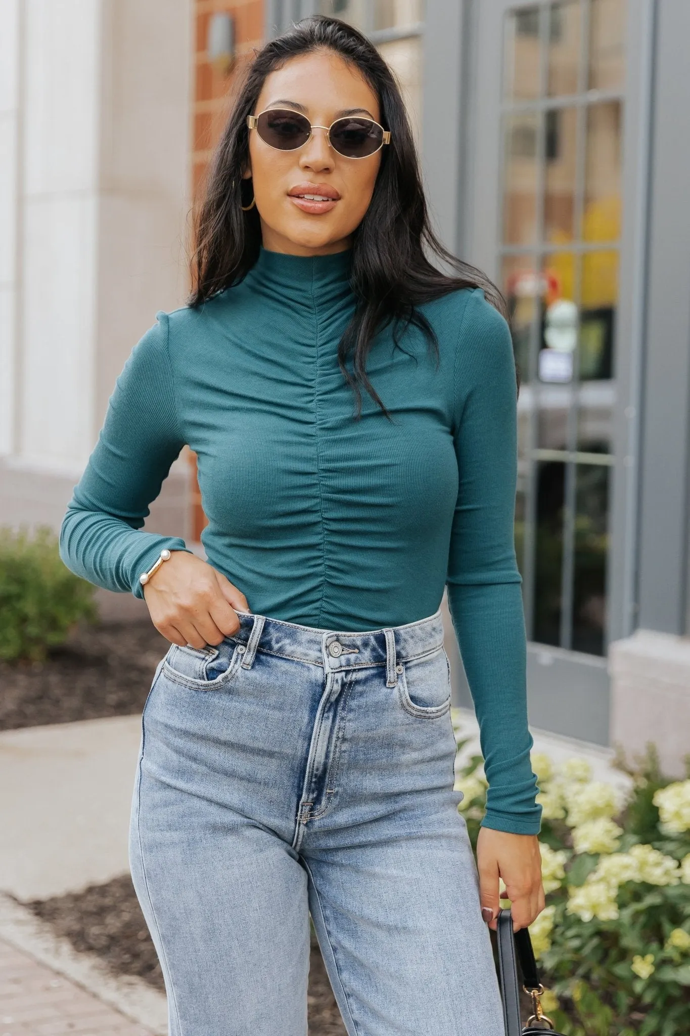 Green Cinched Mock Neck Top - DOORBUSTER