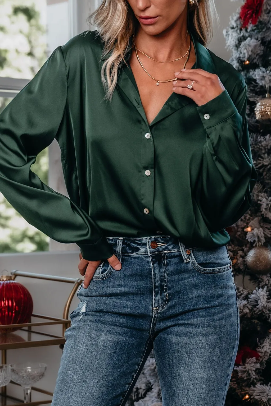 Green Satin Button Up Bodysuit - FINAL SALE