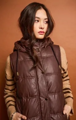 Hooded Faux Leather Puffer Vest (Dex)