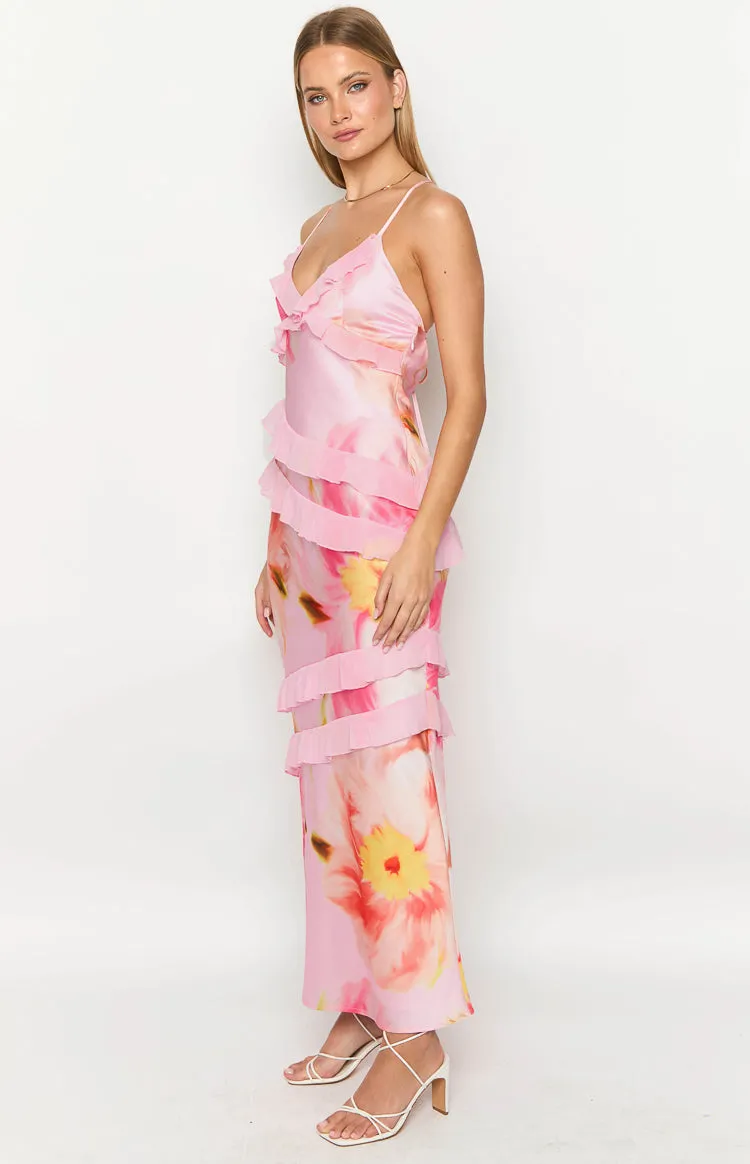 Inara Light Pink Floral Print Ruffle Maxi Dress