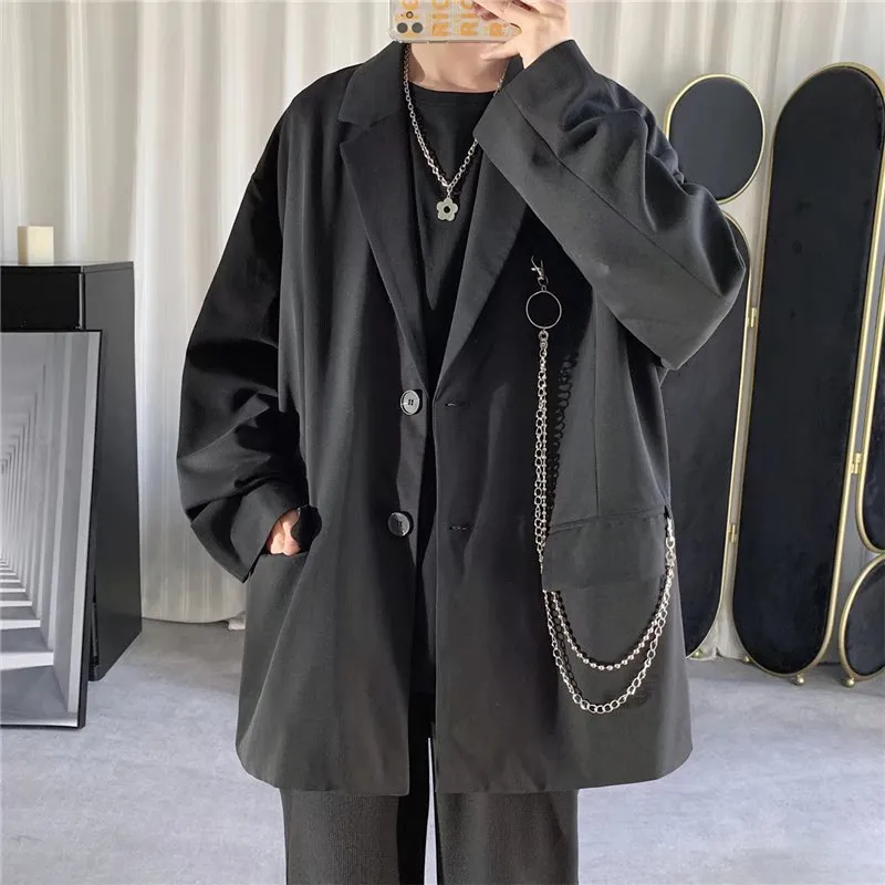 Jinquedai Blazers Men Spring Casual Outwear Handsome Loose Trendy Chain Plus Size Notched Design Students Suits Vetements All-match Chic