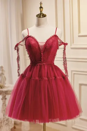 kamahe Off the Shoulder Short Burgundy Lace Prom Dresses, Wine Red Short Lace Formal Graduation Dresses