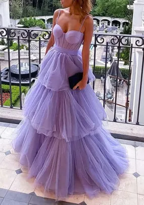 kamahe Purple Tulle A-line Spaghetti Straps Prom Dresses, Long Formal Dress, dresses for party events