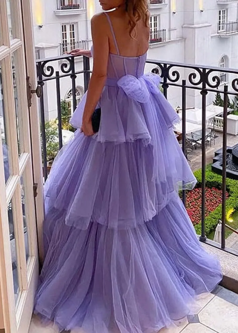 kamahe Purple Tulle A-line Spaghetti Straps Prom Dresses, Long Formal Dress, dresses for party events