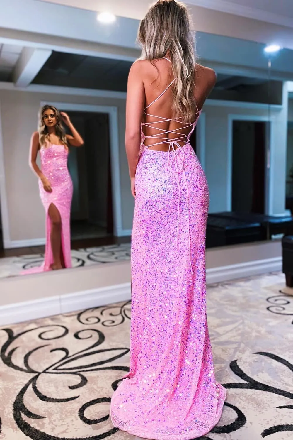 kamahe Sparkly Royal Blue Backless Sequins Long Prom Dress with Slit Formal Evening Dresses