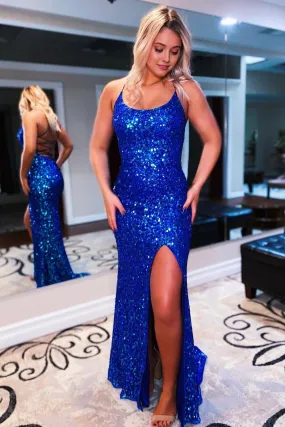 kamahe Sparkly Royal Blue Backless Sequins Long Prom Dress with Slit Formal Evening Dresses