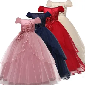 Kid Girls Elegant Flower Princess Long Gown Girls Evening Party Dress - KGD8332