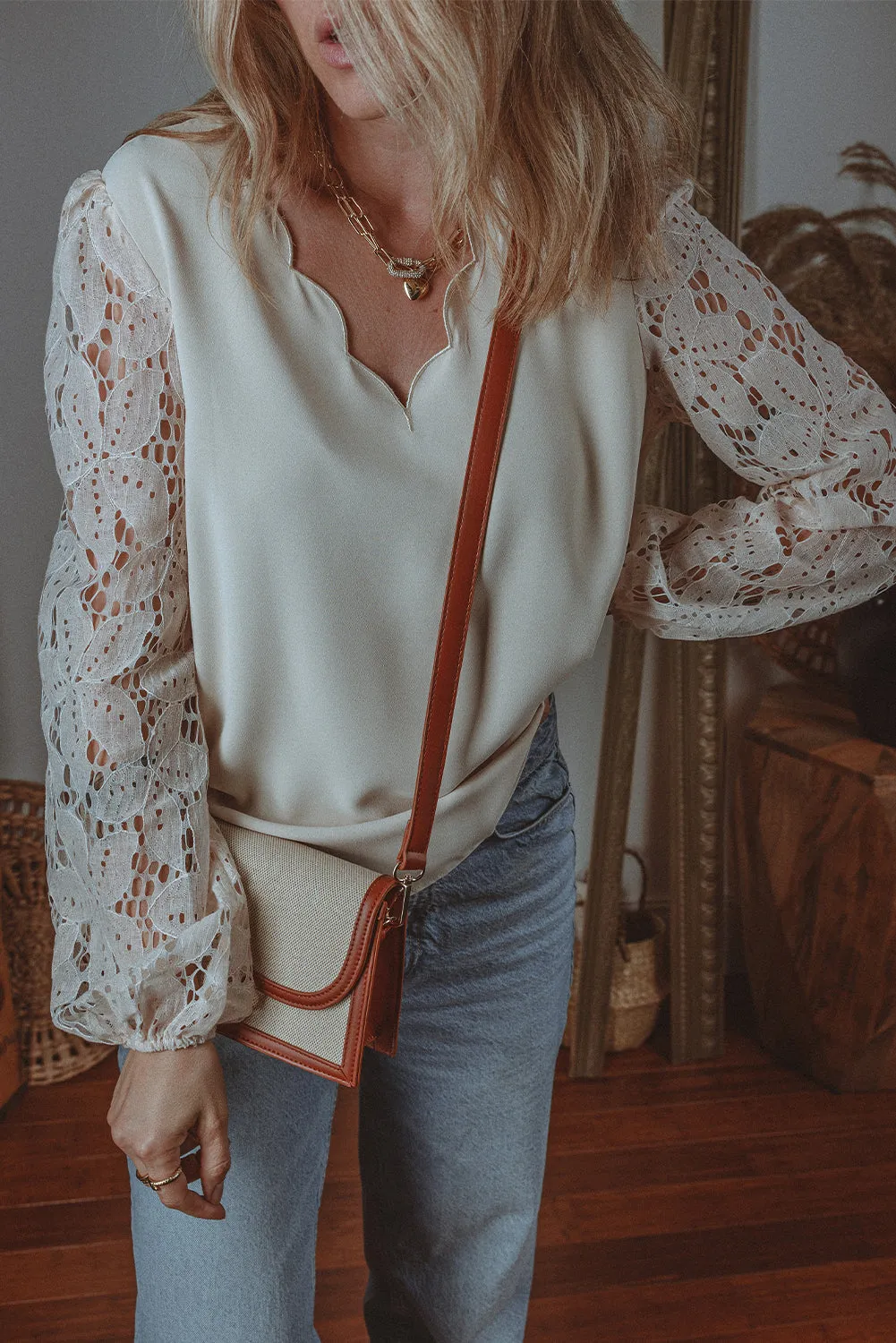 Lace Lantern Sleeve V-Neck Blouse