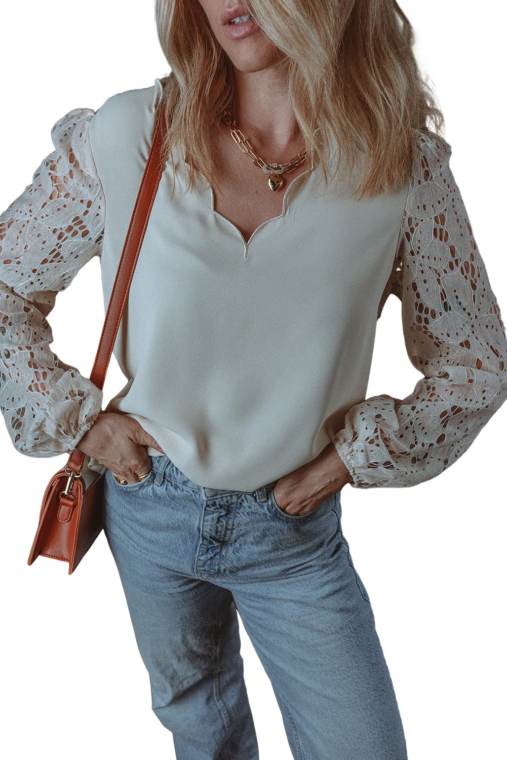 Lace Lantern Sleeve V-Neck Blouse