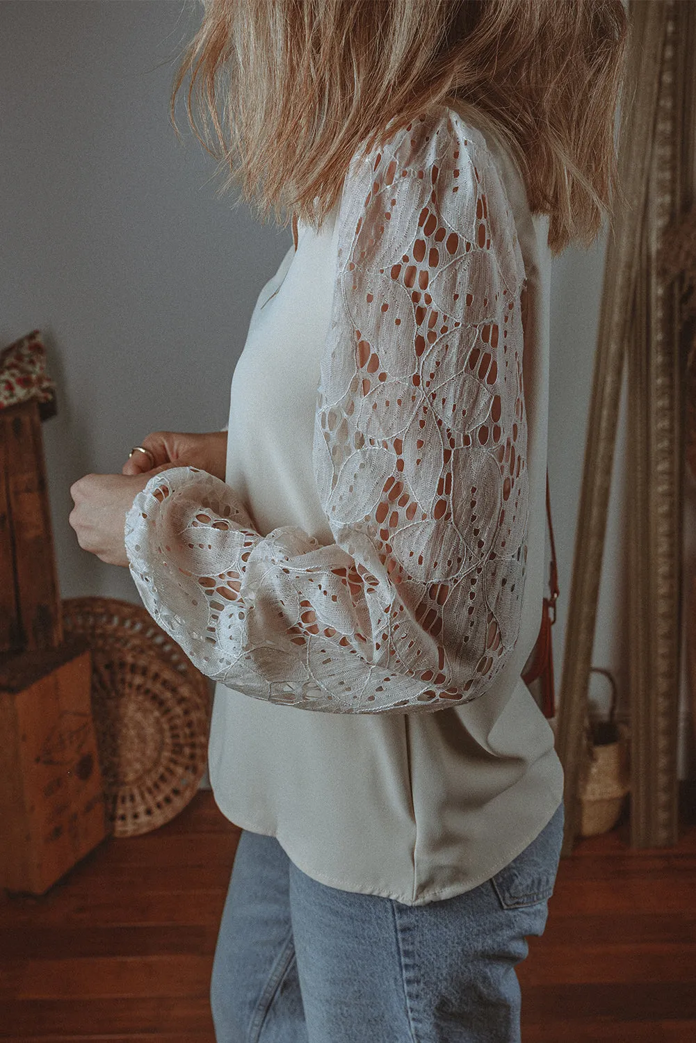 Lace Lantern Sleeve V-Neck Blouse