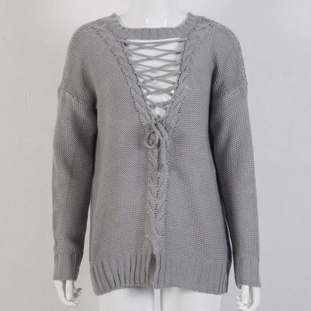 Lace up back knitted sweater top