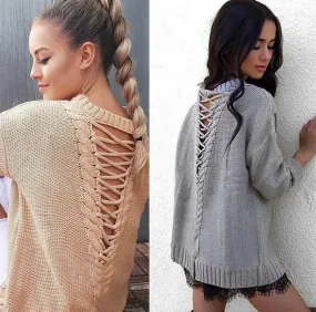 Lace up back knitted sweater top