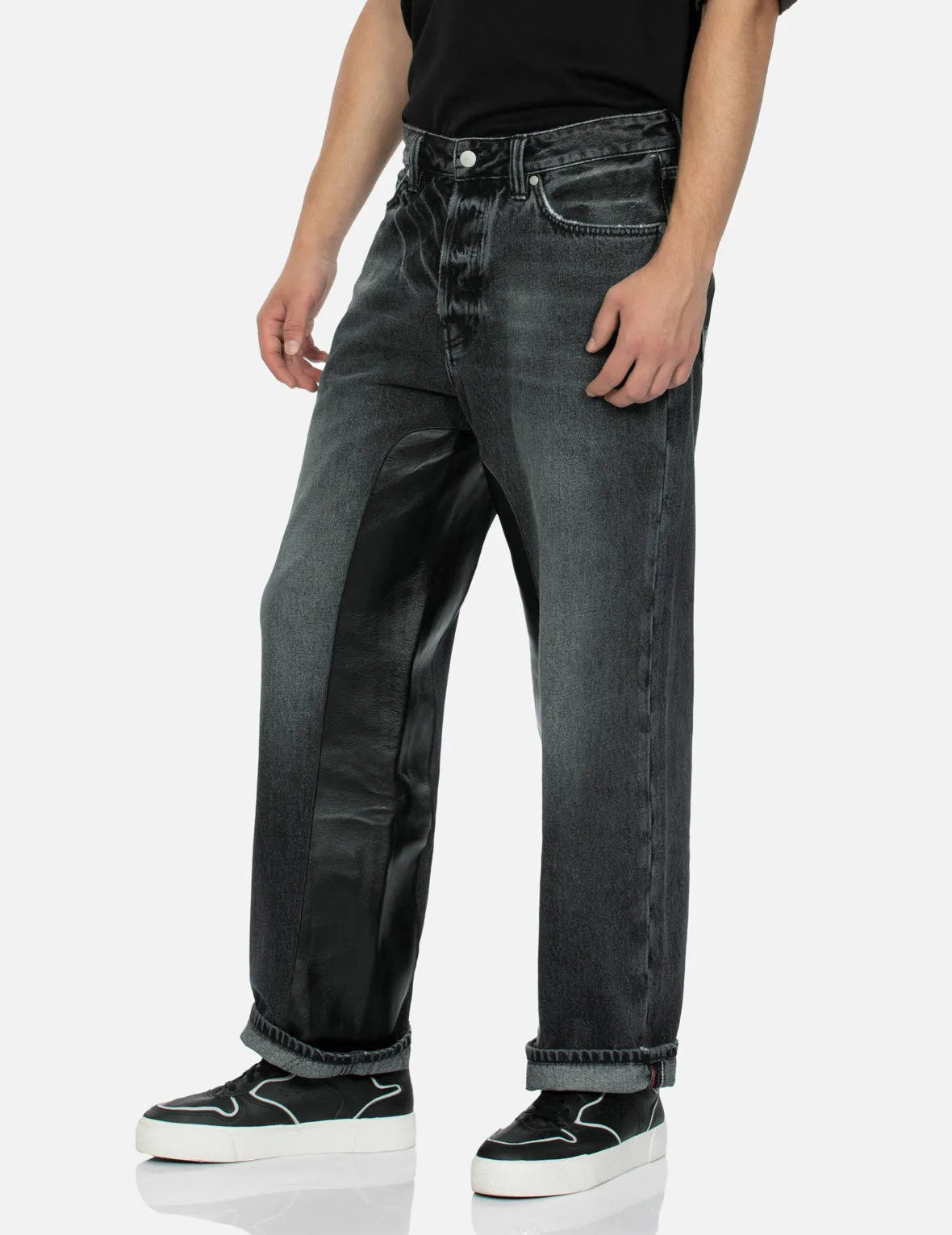 Leather Inlay and Seagull Pockets Baggy Fit Jeans