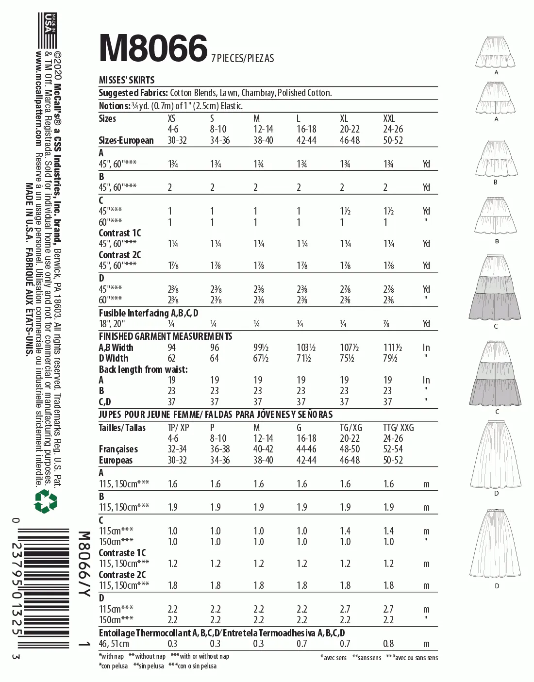 McCall's Pattern M8066 Misses' Pull-On Gathered Skirts with Tier and Length Variations