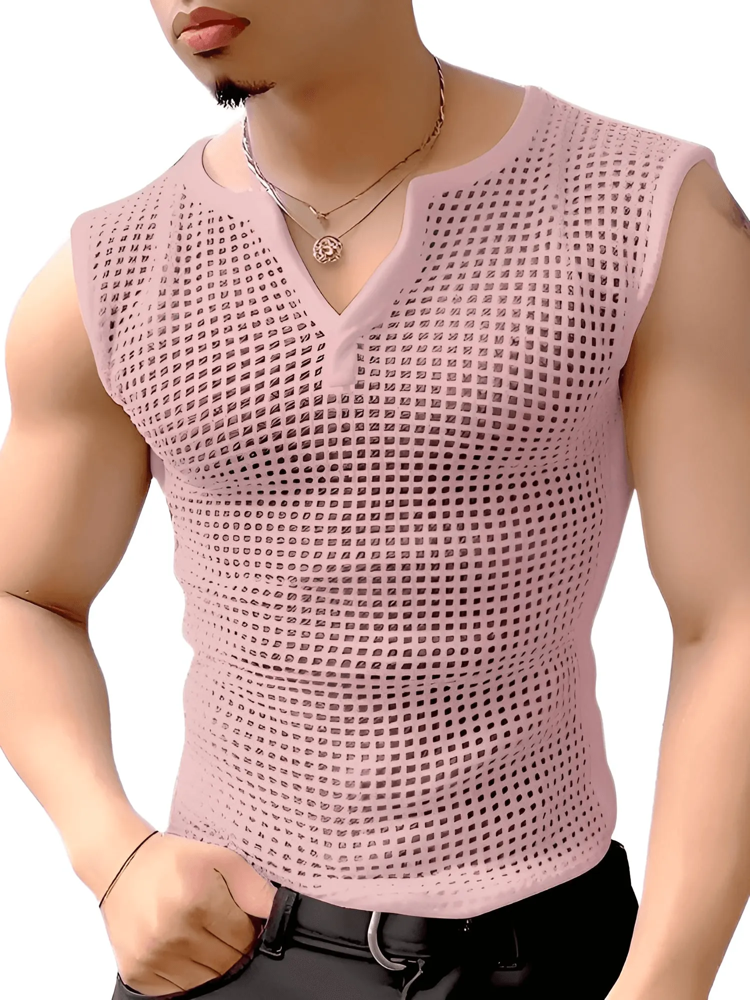 Men's Mesh Hollow Out Solid V Neck Tank Top