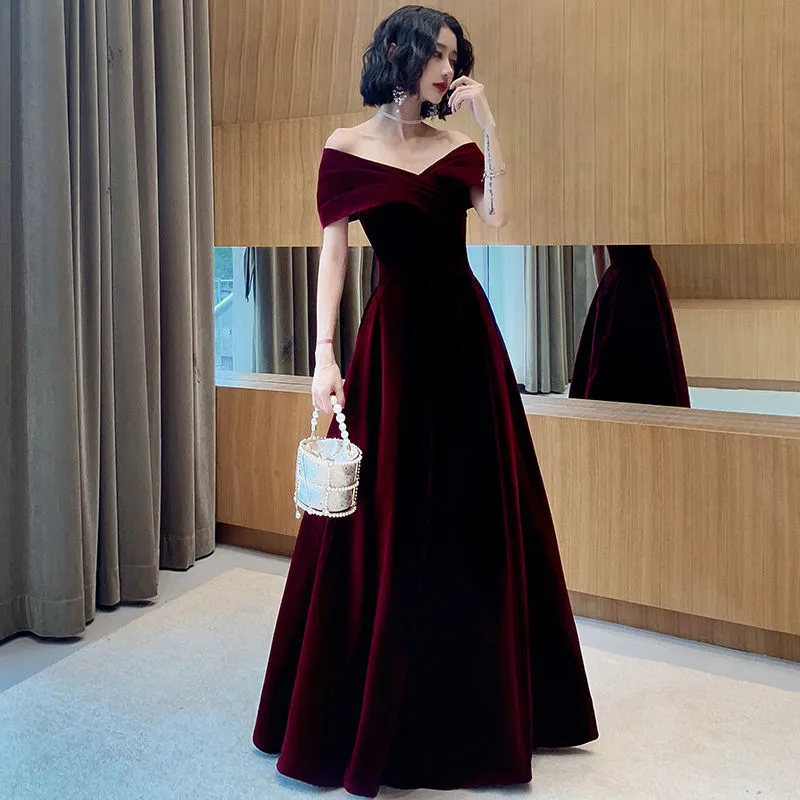 Off Shoulder Burgundy A Line Long Prom Dress Velvet Evening Formal Party Gown 563