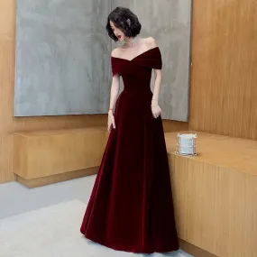 Off Shoulder Burgundy A Line Long Prom Dress Velvet Evening Formal Party Gown 563