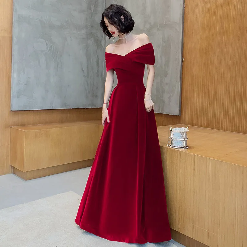 Off Shoulder Burgundy A Line Long Prom Dress Velvet Evening Formal Party Gown 563