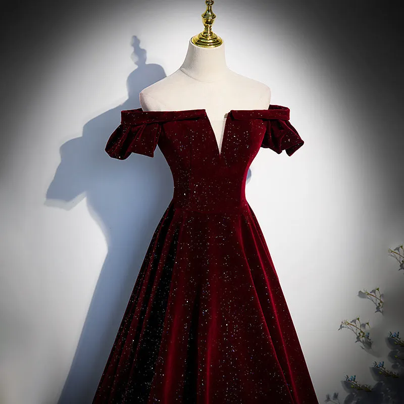 Off Shoulder Burgundy Long Prom Dress A Line Velvet Shiny Evening Gown 627