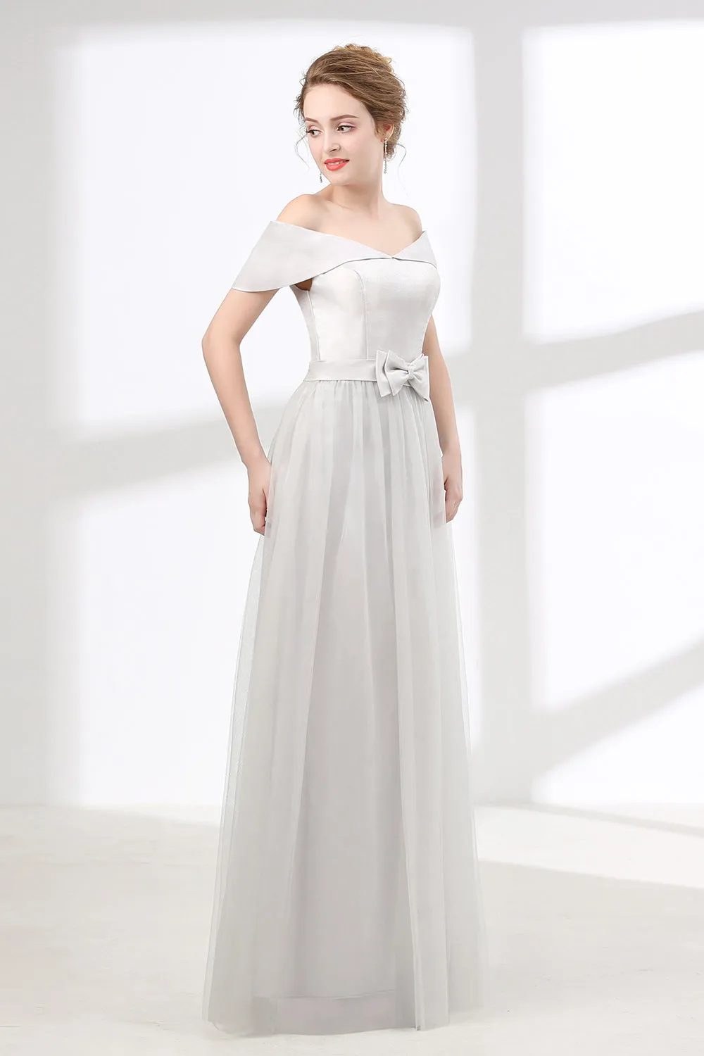 Off Shoulder Gray Formal Floor Length Prom Dresses